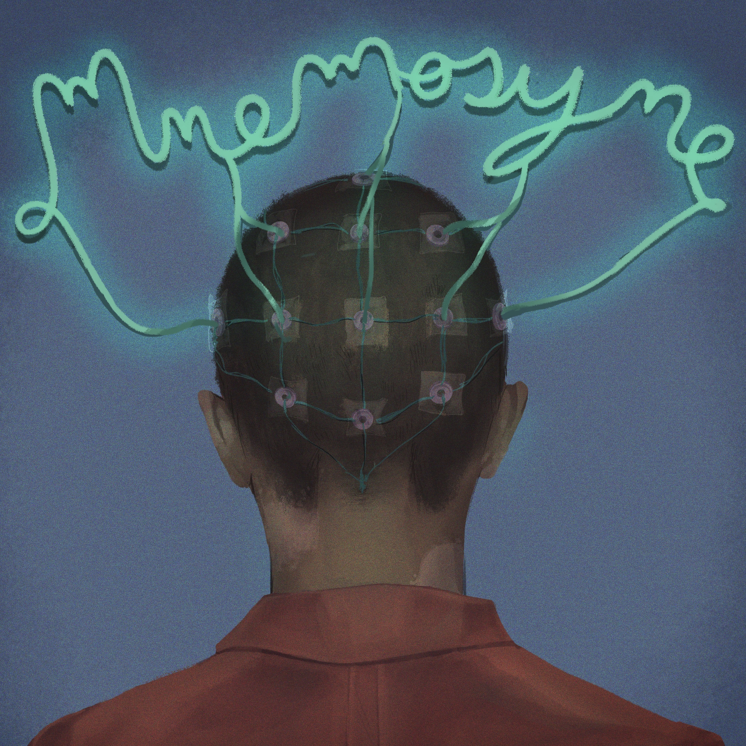 The cover art for the podcast Mnemosyne. It is a painting of a prisoner in an orange jumpsuit with very short brown hair faces away from the viewer. Glowing teal cursive text, like a neon sign, is plugged into nodes in their head; said text reads 'Mnemosyne.'