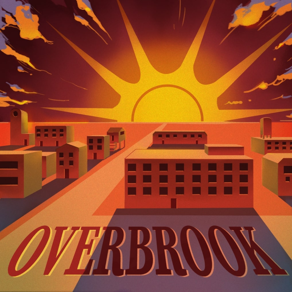 The cover art for the podcast Overbrook. It is an illustration of a vibrant sunset over a small mining town, casting long, dark shadows and turning the sky blood red. Text across the ground in front of one of the buildings reads 'Overbrook.'