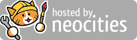 A small gray banner reading 'Hosted by Neocities.' It features the Neocities logo, an orange cat wearing a hard hat and holding a wrench and a red paintbrush.